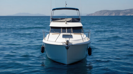 Fototapeta premium Elegant motorboat anchored in calm blue waters, surrounded by distant hills and clear sky