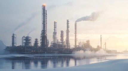 Fototapeta premium Oil, gas, refining, and petrochemical industries thrive amidst a backdrop of towering structures and pipelines on a white expanse.