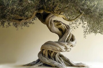 Fototapeta premium A small, well-groomed bonsai tree sits in a decorative vase on a table, surrounded by a calm and peaceful atmosphere