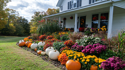 Fototapeta premium A lovely farmhouse with vibrant flower beds and pumpkins, ready for Thanksgiving celebrations.