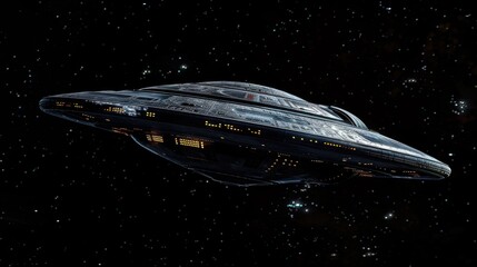 A spaceship flies through the starry night sky