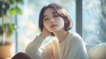 Japanese woman with relaxed expression, calm and content