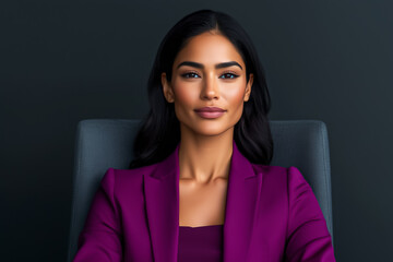 A poised businesswoman sits in a sleek chair, exuding confidence in her purple suit while preparing for a meeting