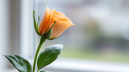 A vibrant orange rose blooms gracefully near a window showcasing nature's beauty and elegance