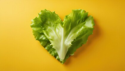 Heart Shaped Romaine Lettuce Leaf on Bold Yellow Background. Fresh and Organic Symbol of Healthy Eating Sustainability, Plant Based Lifestyle for Vegan and Vegetarian Diet Concepts in Food Photography