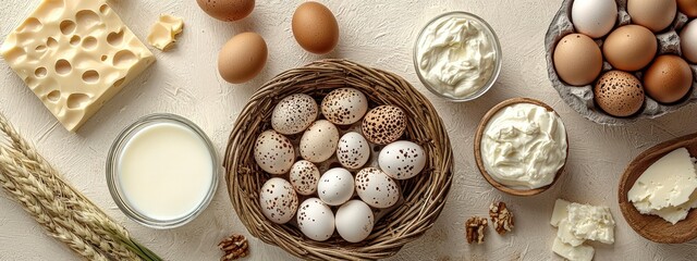 top view of fresh eggs, cheese, milk and bread on grey background. freshness and naturalness agricultural products. homemade and organic food. banner 