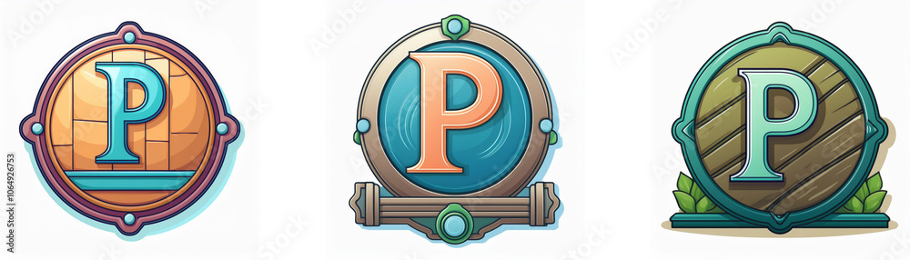Aufkleber Three round badges with the letter P in the center. Each badge has a different background and border design.