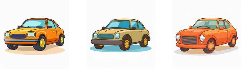 Obraz premium Three cartoon cars, one yellow, one brown, and one orange, with all the same style and design.