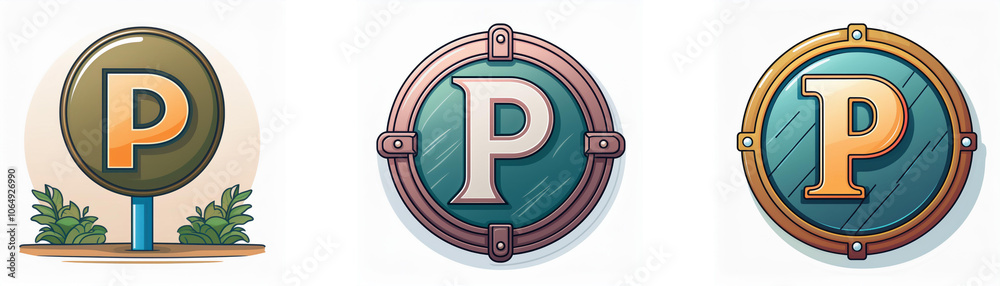 Aufkleber Three round badges feature the letter P in a circular shape with varying backgrounds and frames.