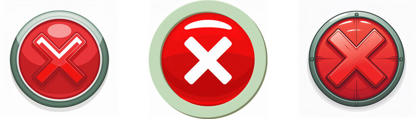 Obraz premium Three red circular buttons with white X's. The buttons have a gray rim.