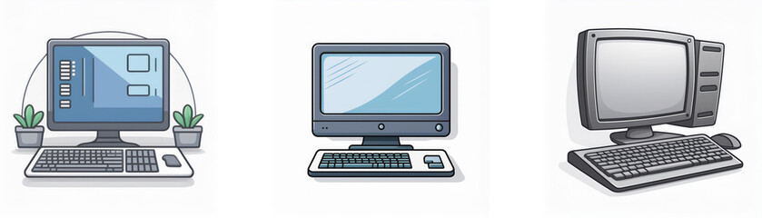 Fototapeta premium Three cartoon desktop computers with keyboards.