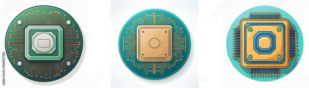 Leinwandbilder three circular icons with a central square surrounded by circuitry.