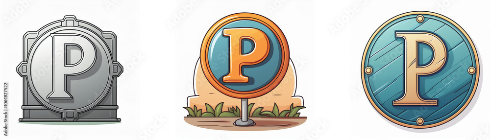Aufkleber Three different styles of circular objects with a letter P in the center.