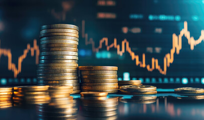 A pile of coins on a table with graphs and charts in the background