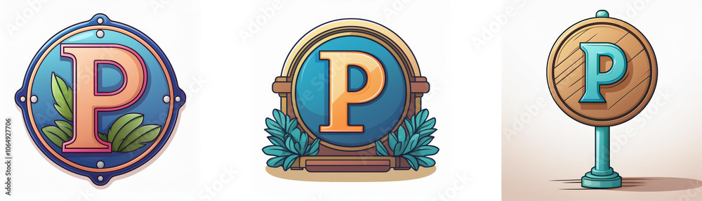 Aufkleber three circular signs with a stylized letter p, each with different color schemes and designs.