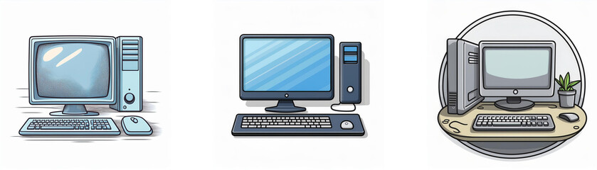 Fototapeta premium Three different cartoon illustrations of desktop computers.