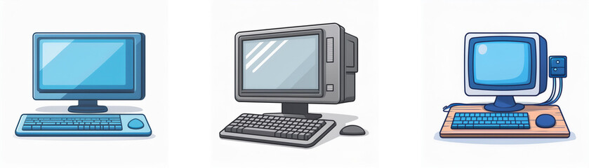 Fototapeta premium A cartoon illustration of three desktop computers, one with a black monitor, another with a blue monitor, and the third with a beige monitor.