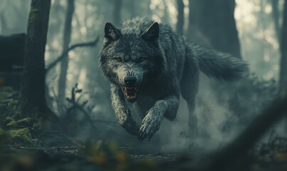 A powerful werewolf mid-sprint through a dense, foggy forest.