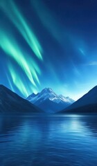 Fototapeta premium a mountain range with a lake and a green aurora