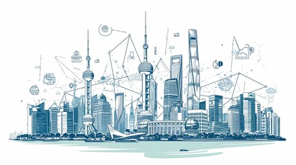 Obraz premium A futuristic city skyline merged with digital elements like clouds, buildings, and communication lines, showing a connected world.