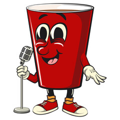 Red cup beer pong cartoon mascot character icon in front of the mic become a stand up comedian, work of hand drawn