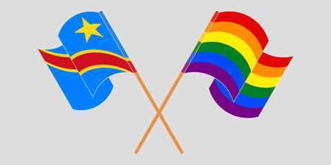 Crossed and waving flags of Democratic Republic of the Congo and LGBTQ. Vector illustration