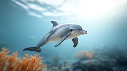 Obraz premium Dolphins gracefully swim through crystal clear ocean waters captivating underwater beauty