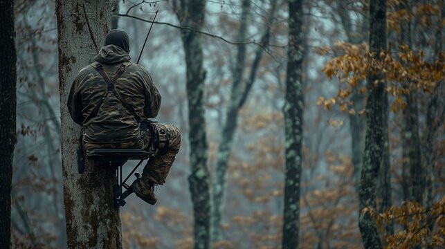 Hunter seated on a tree stand overlooking a misty forest in autumn during early morning hours