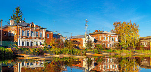 Bogorodsk, Nizhny Novgorod region, Russia, Street view of an ancient provincial Russian city on the shore of a lake on a summer evening. An ancient building of artisans, an architectural monument.