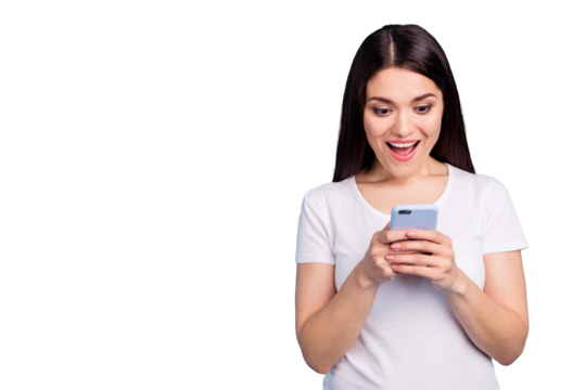 Copyspace photo of nice cute cheerful girl seeing information about sales on her phone while isolated with blue background