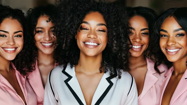 Bride and bridesmaids in matching robes with joyful smiles for wedding preparation, friendship and bonding. African American women celebrating together in stylish attire for memorable pre-wedding