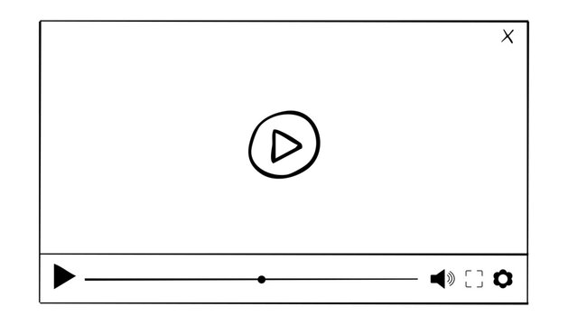Video player display frame, line doodle bar with buttons, progress line, sound. Hand drawn border, media window. Panel icon,