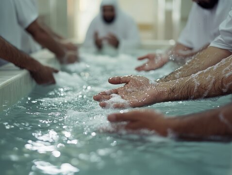 Close-up of hands washing in a basin of water.