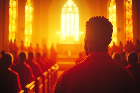 A man in a red shirt looks towards the alter in a dimly lit church.