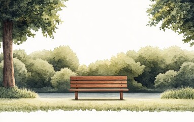 Fototapeta premium A serene park scene featuring a wooden bench surrounded by lush greenery and trees, inviting relaxation and contemplation.