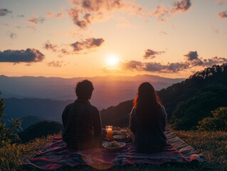 Couple enjoys sunset picnic on mountaintop.