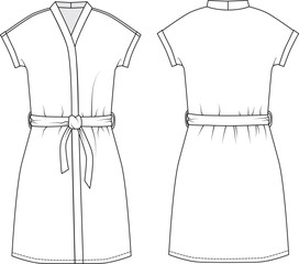 Editable technical fashion sketch for a short-sleeved robe, bath robe. For apparel design, tech packs, and fashion production. Front and back view.