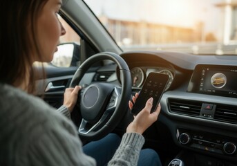 Female driver using mobile phone app to control vehicle functions, enhancing driving experience with modern technology