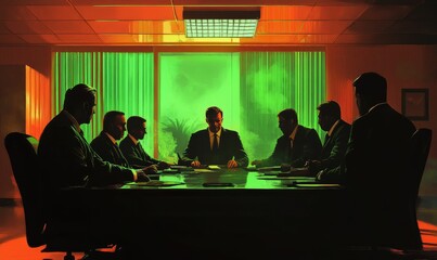 Silhouetted men in suits at a meeting.