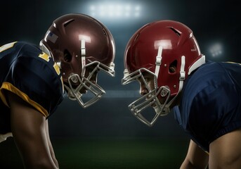 Two football players with helmets are facing off, ready for the next play in a dramatic night game