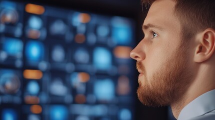 Focused on the Data: A young man, intently focused on a wall of data, his gaze fixed on the intricate details of a digital landscape. This image captures the essence of data-driven decision-making.