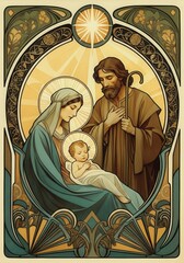 Art nouveau illustration of the holy family, featuring mary, joseph, and baby jesus, set within an ornate decorative frame, celebrating the spirit of christmas © Running opossum