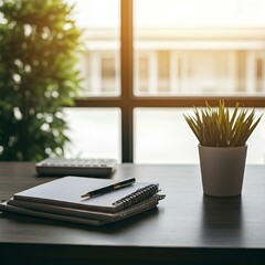 Desk filled with office stuff, analytics, pen and paper, laptop, market analyst 