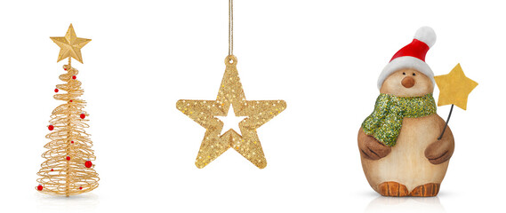 collection of bird in santa claus hat and green scarf, christmas tree with red balls and hanging shiny star isolated on white background