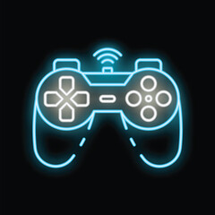 Blue neon video game controller sending a wireless signal on a black background