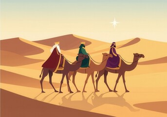 Fototapeta premium Three kings riding camels following the star of bethlehem across the desert