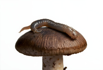 Fototapeta premium A magnified image of a worm on a mushroom eating the mushroom