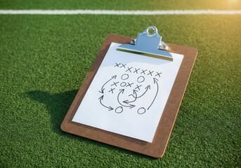 Clipboard with game strategy drawn on it is lying on the grass of a soccer field, suggesting tactical planning