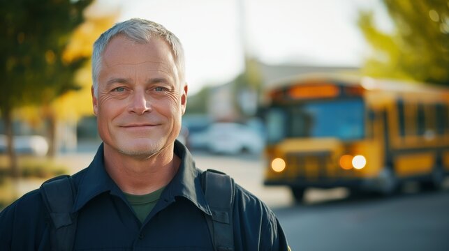 52 years old, graying hair, kind eyes, wearing Bus driver uniform, standing in School parking lot