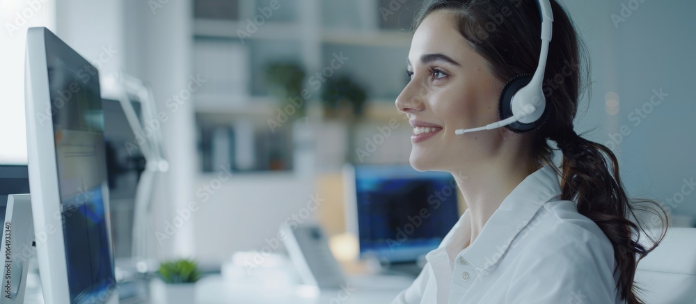 Poster a female customer service representative with a headset assists clients in a modern office, showcasi